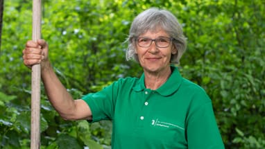 Ältere Frau in grünem Poloshirt mit Stock im Grünen.