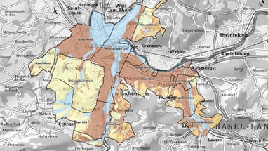 Karte von Basel und Umgebung mit farbcodierten Regionen.