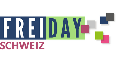 Text 'Freiday Schweiz' mit farbigen Quadraten.