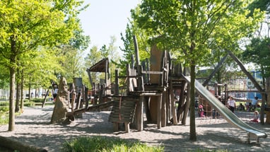 Spielplatz mit Holzklettergerüst und Rutsche.