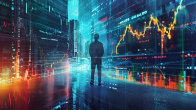 Person steht vor digitalen Finanzdiagrammen in einer futuristischen Stadt.