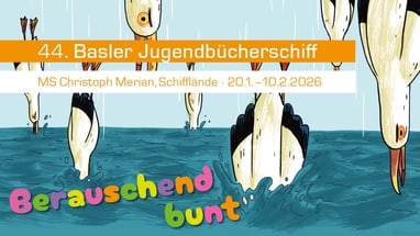 Illustration mit Vögeln und Text für Basler Jugendbücherschiff 2026.