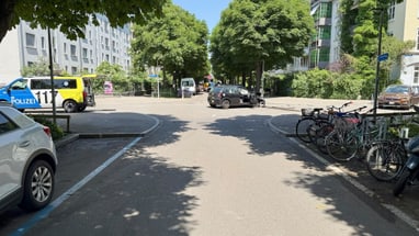 Strasse mit parkenden Autos und Fahrrädern, Bäume im Hintergrund.