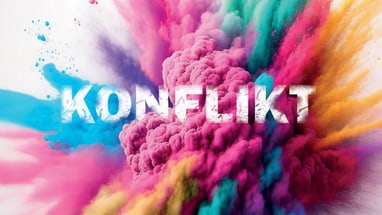 Bunte Pulverexplosion mit dem Wort 'KONFLIKT'.