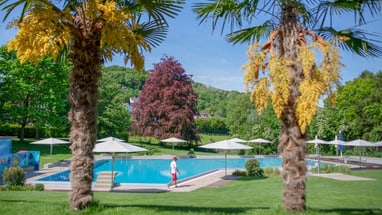 Poolbereich mit Palmen und Sonnenschirmen in einem grünen Park.",