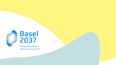 Logo von Basel 2037 auf buntem Hintergrund.