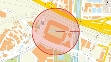 Karte mit Flugverbotszone markiert im roten Kreis.
