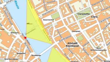 Karte von Kleinbasel mit Rhein und Strassenübersicht.