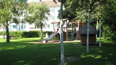 Auf einer grossen Wiese steht ein Kletterhaus mit Rutschbahn, umgeben von grossen Bäumen