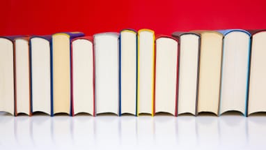 Reihe stehender Bücher vor rotem Hintergrund.