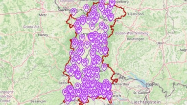 Karte mit lila Markierungen in einem umrandeten Gebiet.