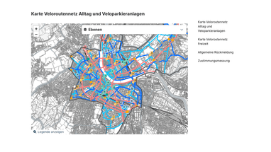 Stadtkarte mit hervorgehobenen Radrouten und Parkmöglichkeiten.