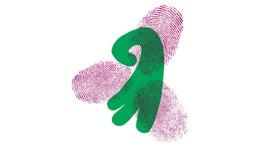 Grünes abstraktes Zeichen auf rosa Fingerabdrücken.