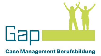 Logo von Gap Case Management Berufsausbildung mit zwei jubelnden Figuren.