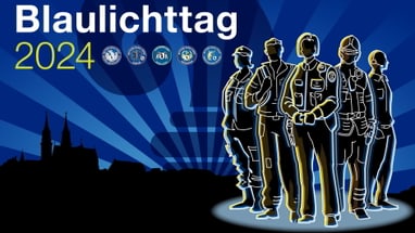 Poster für Blaulichttag 2024 mit verschiedenen Rettungskräften.