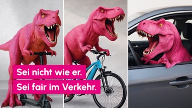Rosa Dinosaurier auf Roller, Fahrrad, im Auto mit Text über Verkehrssicherheit.