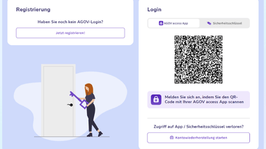 Abbildung zur Registrierung und Anmeldung bei AGOV mit QR-Code.