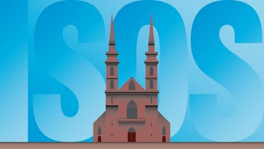 Illustration einer Kirche vor blauen Buchstaben 'ISOS'.