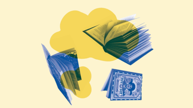 Farbige Bücher mit Wolke im Hintergrund.