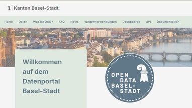 Startseite des Open Data Portals Basel-Stadt mit Stadtbild.