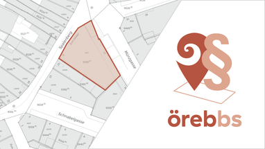 Stadtplan mit farbig markiertem Bereich und grafischem Logo.