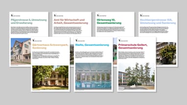 Sieben Faltblätter zu Hochbauprojekten des Kantons Basel-Sradr