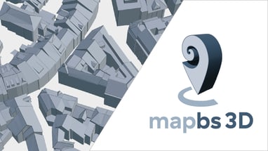 3D-Darstellung von Gebäuden mit einem Logo rechts.