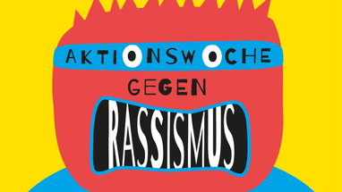 Eine Gestalt mit einem roten Kopf und einer blauen Augenbinde. Der Schriftzug ist 'Aktionswoche gegen Rassismus'.