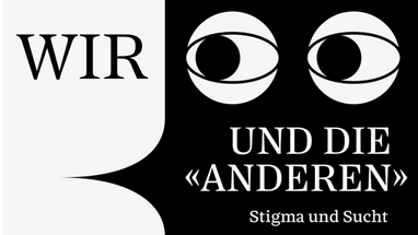 Grafik mit stilisierten Augen und Text in Schwarz-Weiss.