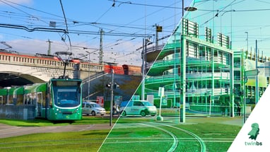 Strassenbahn vor Brücke und modernes Gebäude bei Tageslicht.",