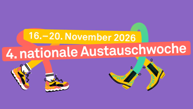 Grafik mit Schuhen und Datum der Veranstaltung auf lila Hintergrund.