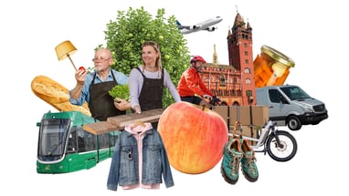 Collage mit Personen, Verkehrsmitteln und Lebensmitteln.