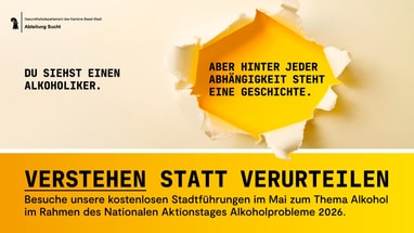 Plakat über Alkoholabhängigkeit mit dem Text 'Verstehen statt verurteilen'.