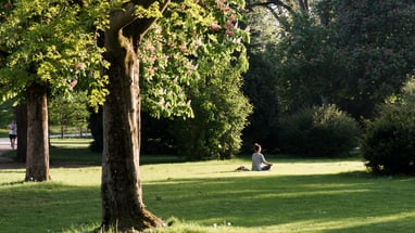 Person sitzt meditierend auf einer Wiese im Park.