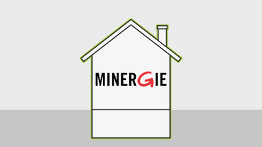 Illustration von einem Gebäude mit Minergie Logo darauf.