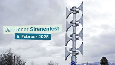 Sirene und Schriftzug "Jährlicher Sirenentest, 5. Februar 2025"