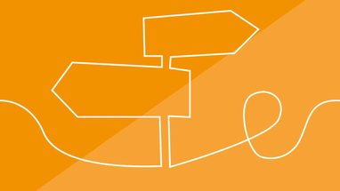 Grafische Wegweiser Illustration auf orangefarbenem Hintergrund.