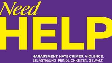 Text 'Need Help' mit Hinweisen auf Belästigung und Gewalt, lila Hintergrund.