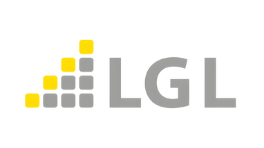 LGL-Logo mit grauen und gelben Quadraten.