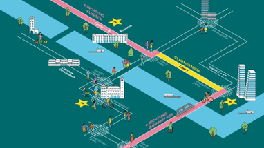 Grafische Darstellung der Tramstrecke im Claragraben. Die Linie 1 wird vom unteren Kleinbasel über den Claragraben direkt an den Bahnhof Basel SBB geführt.