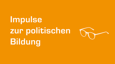 Orangefarbener Hintergrund mit weissem Text und Brillensymbol.