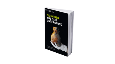 Buchcover mit Keramikfigur auf schwarzem Hintergrund.