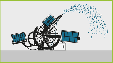 Symbolische Darstellung einer mit Photovoltaik und alten Maschinenteilen betriebenen Sprühmaschine