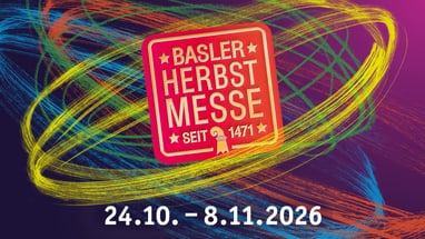 Buntes Design mit Logo und Datum der Basler Herbstmesse.