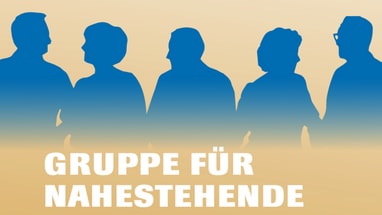 Silhouetten von fünf Personen auf beigefarbenem Hintergrund mit Text.