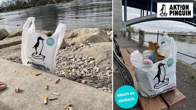 Plastiktüte mit Müll am Fluss und unter einer Brücke, Aktion Pinguin.