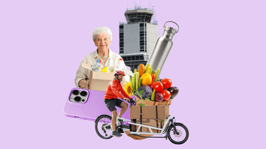 Collage mit einer Person, die ein Fahrrad fährt, einer älteren Person, Gemüse und einem Gebäude im Hintergrund.