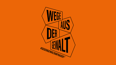 Orangefarbener Hintergrund, Wege aus der Gewalt Schriftzug, Hashtag gegen Gewalt an Frauen",