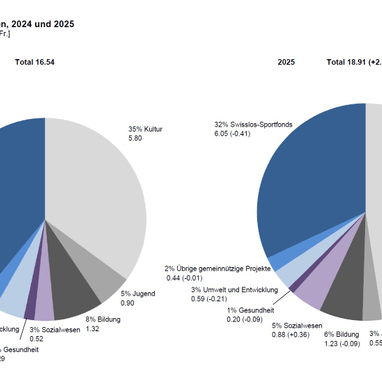 Zwei Tortendiagramme der Beitragsverteilung 2024 und 2025 nach Sparten.