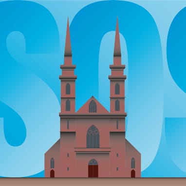 Illustration einer Kirche vor blauem Hintergrund mit 'ISOS'.